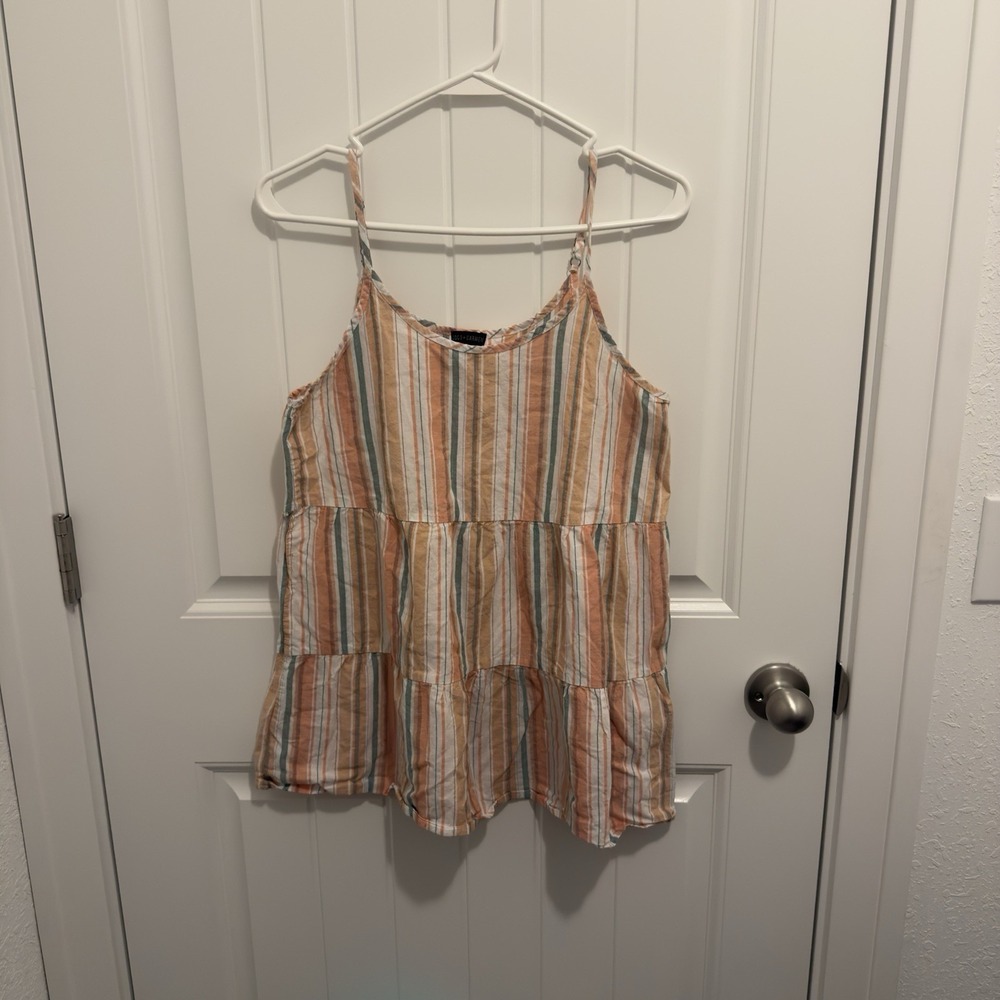 Coco + Carmen Women's Tiered Tank Adj Straps Pink/White/Green Stripes‎ Size S/M